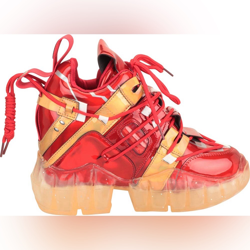 Women's Red Metallic Platform Sneakers with Gold Accents - Picture 4 of 6